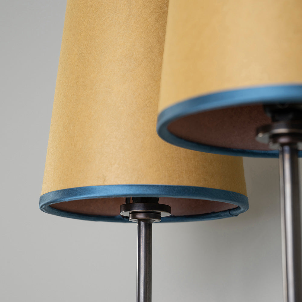  Double Trouble Waxed Brass Wall Light With Mustard Lamp Shades, Closeup - Nicola Harding 
