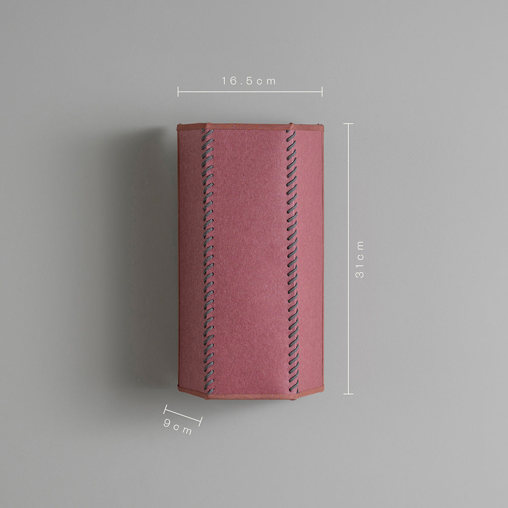  Dimensions of Stitch In Time Wall Light in Burgundy with Muted Pink Trim: Height 31cm, Top Width 16.5cm, Bottom Width 9cm – By NiX 