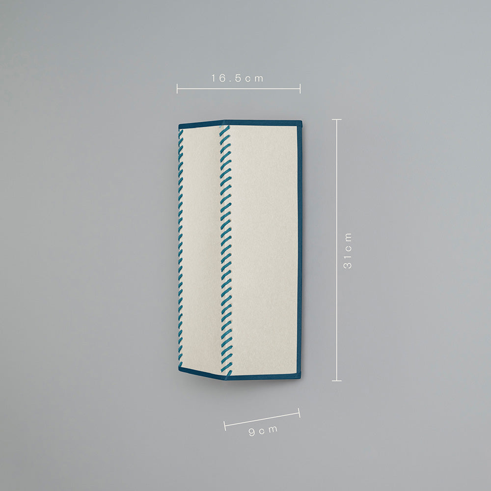  Dimensions of Stitch In Time Wall Light in Soft White with Peacock Blue Trim & Stitching: Height 31cm, Top Width 16.5cm, Bottom Width 9cm – By NiX 