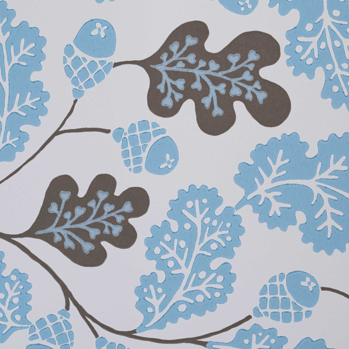 The design pattern of Acorn wallpaper in Sugarbag Blue and Mushroom, designed by Nicola Harding & Co.