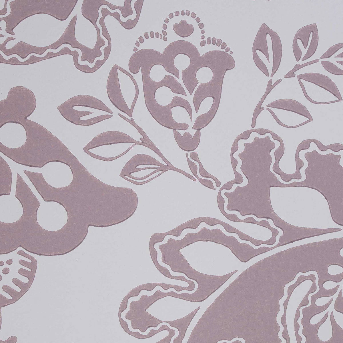 Close-up design of Albion wallpaper in Mauve, created by Nicola Harding.