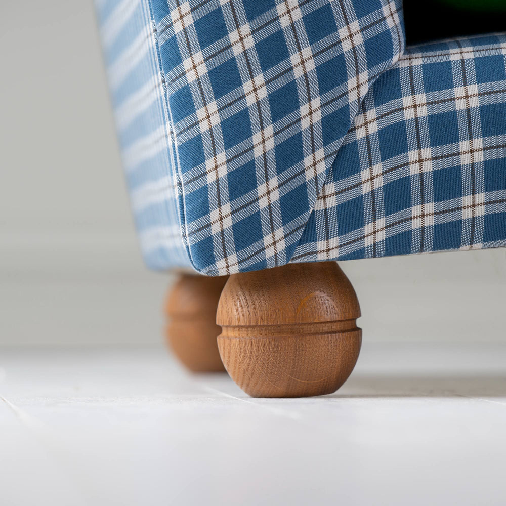 Perch Slipper Armchair in Well Plaid Frame, with Intelligent velvet Juniper cushions With Round Wooden Foot Closeup - NiX