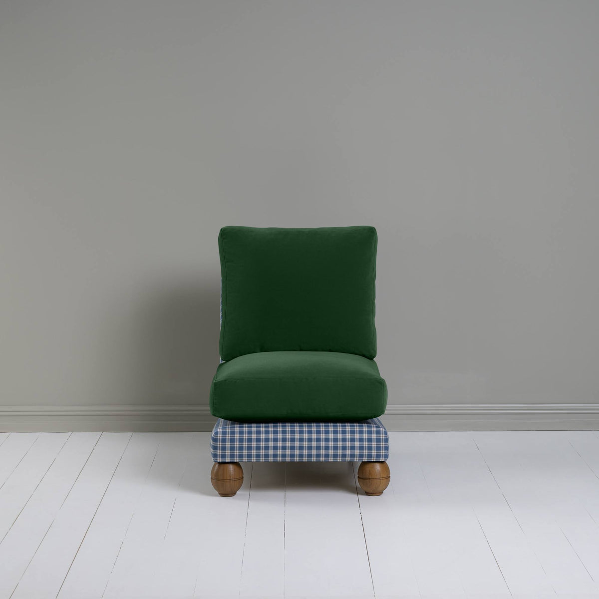 Perch Slipper Armchair in Well Plaid Frame, with Intelligent velvet Juniper cushions Front View - NiX