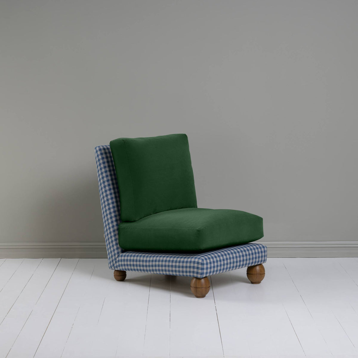 Perch Slipper Armchair in Well Plaid Frame, with Intelligent velvet Juniper cushions - NiX